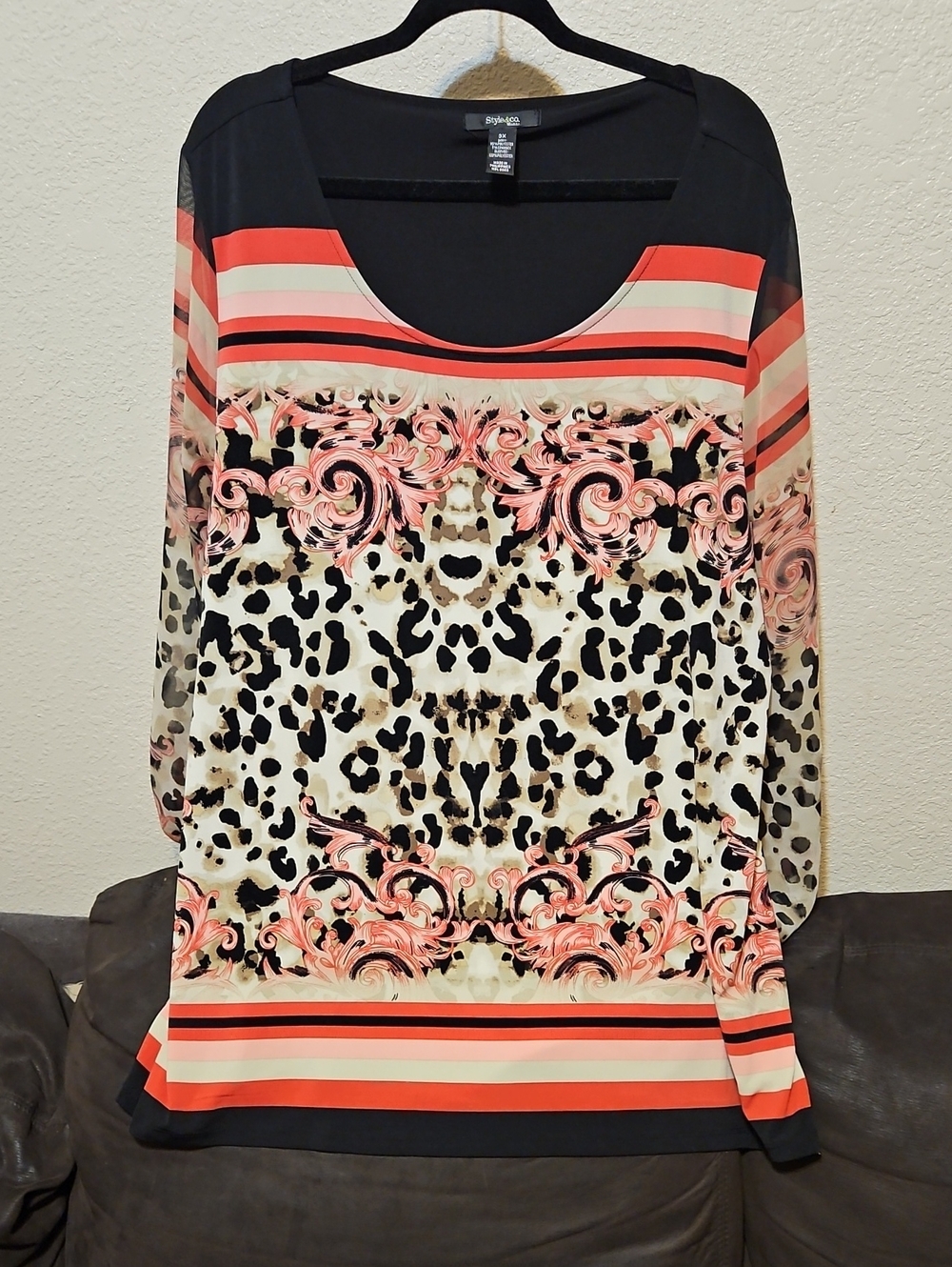 Style & Co. Coral, Black & Cream Animal Print Scoop Neck Blouse W/Sheer Sleeves.